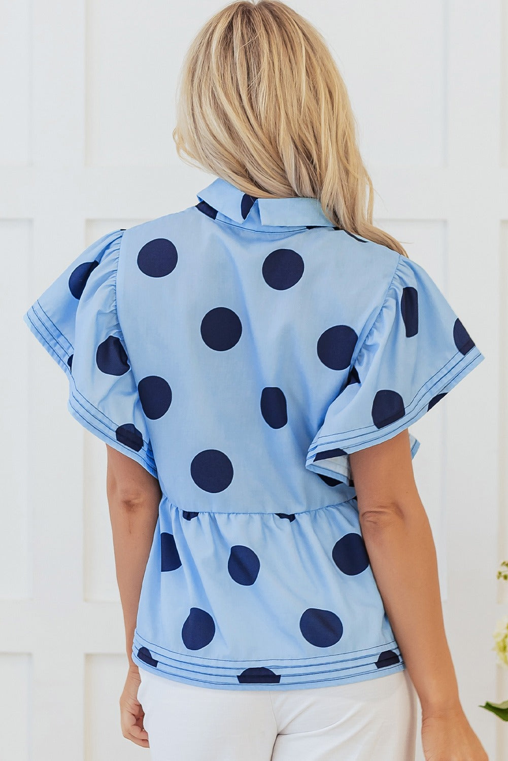 Sky Blue Polka Dot Ruffled Collared Blouse
