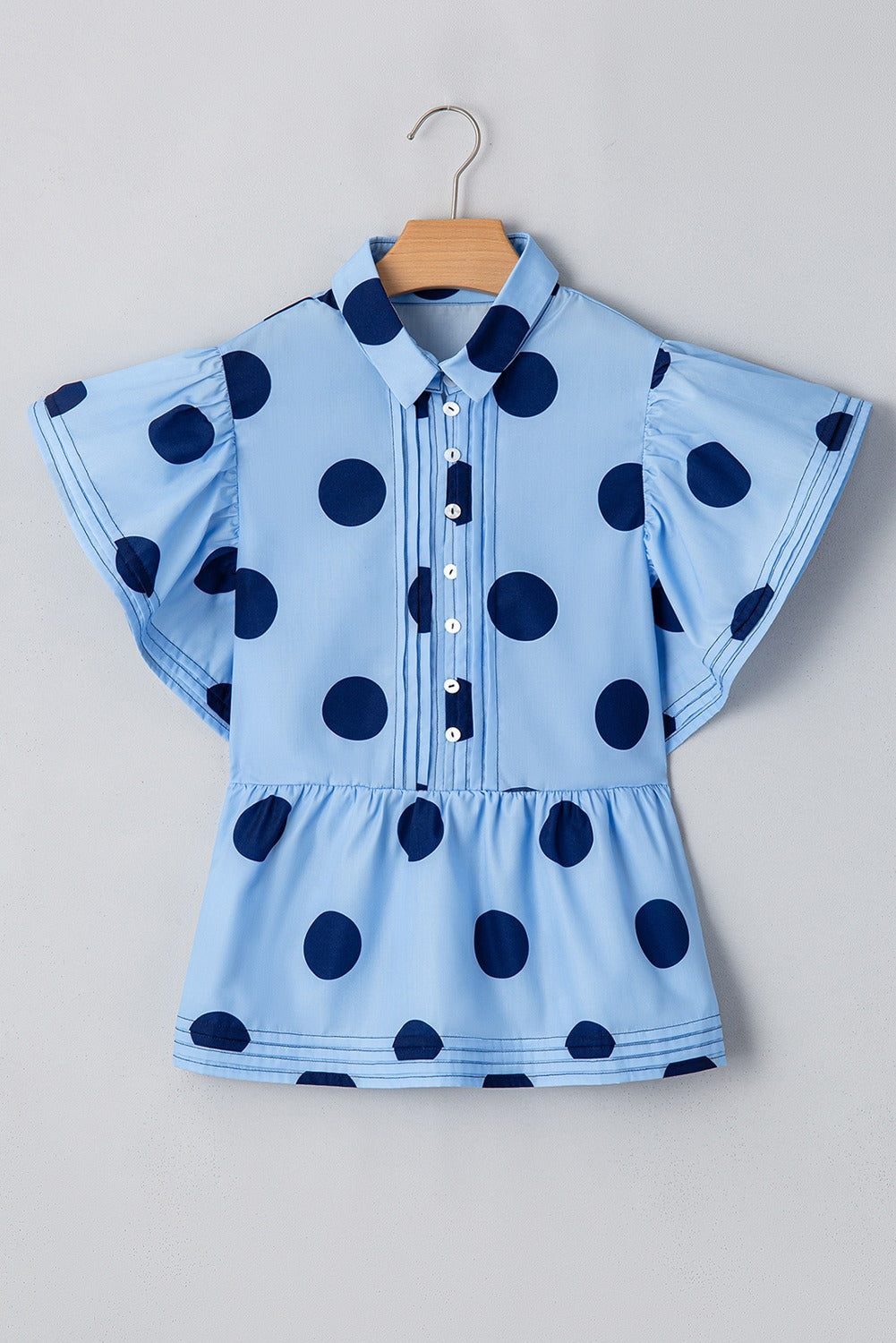 Sky Blue Polka Dot Ruffled Collared Blouse