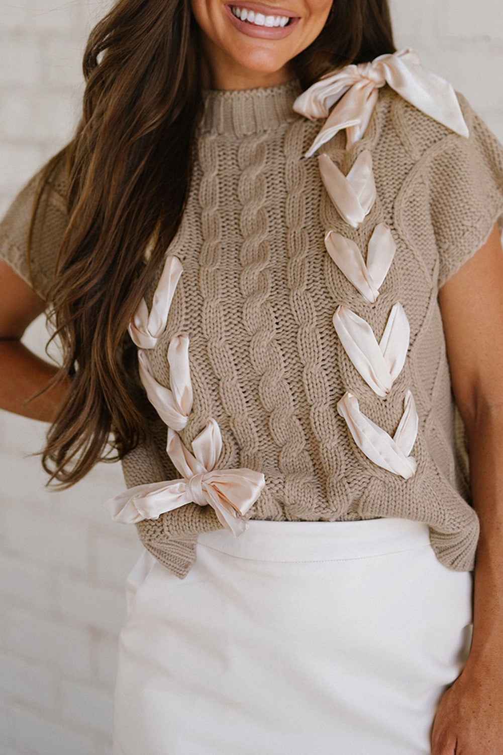 Cable Knit Satin Bowknot Sweater