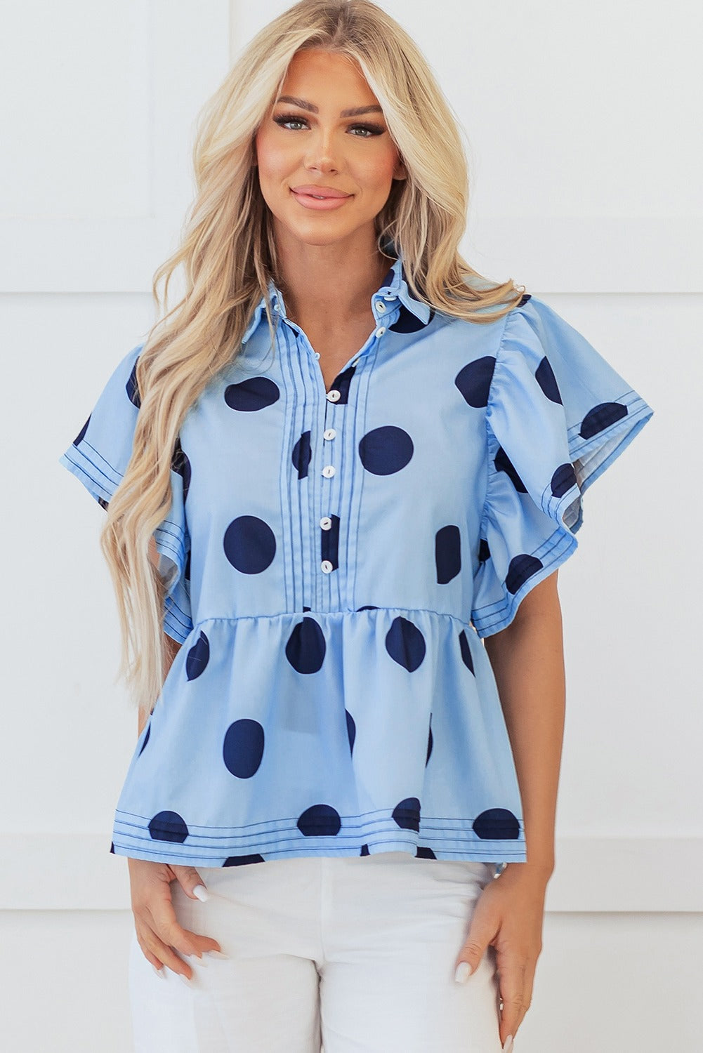 Sky Blue Polka Dot Ruffled Collared Blouse