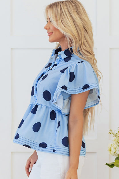 Sky Blue Polka Dot Ruffled Collared Blouse